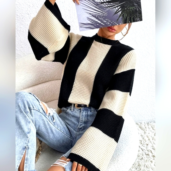 Bell Sleeve Chunky Striped Casual Crew Neck Knit Sweater - Picture 3 of 5